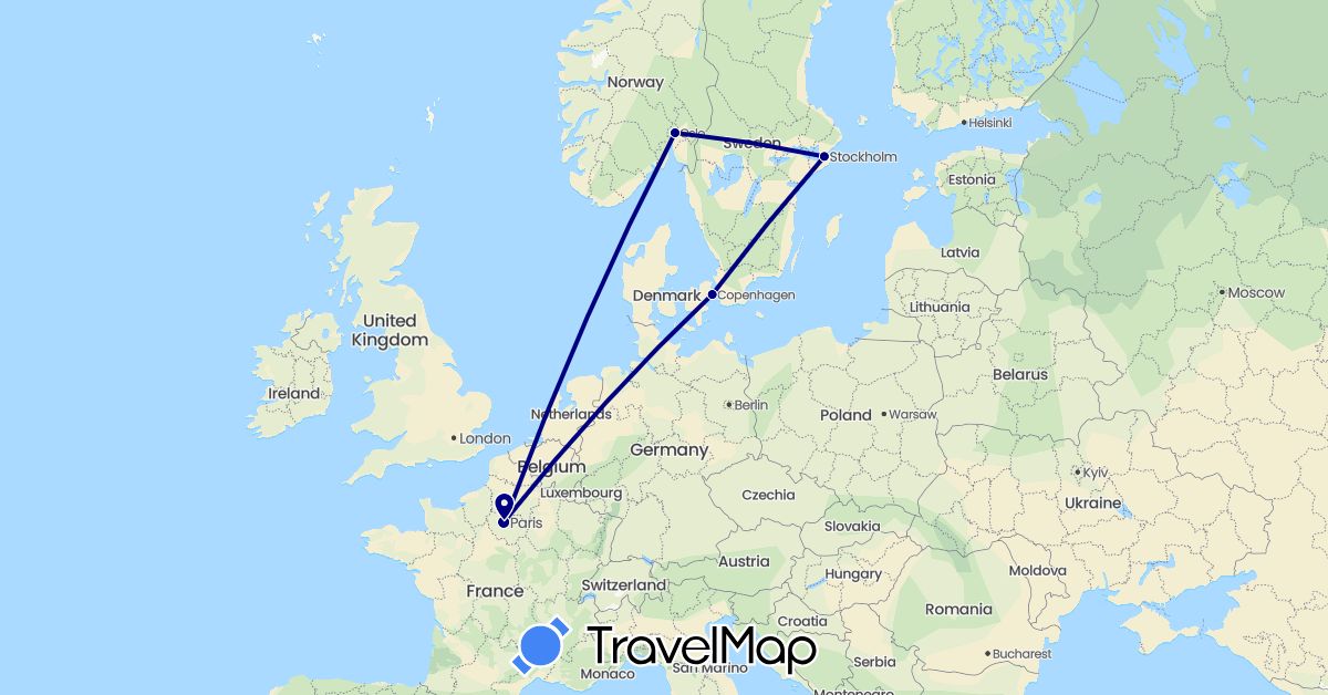 TravelMap itinerary: driving in Denmark, France, Norway, Sweden (Europe)